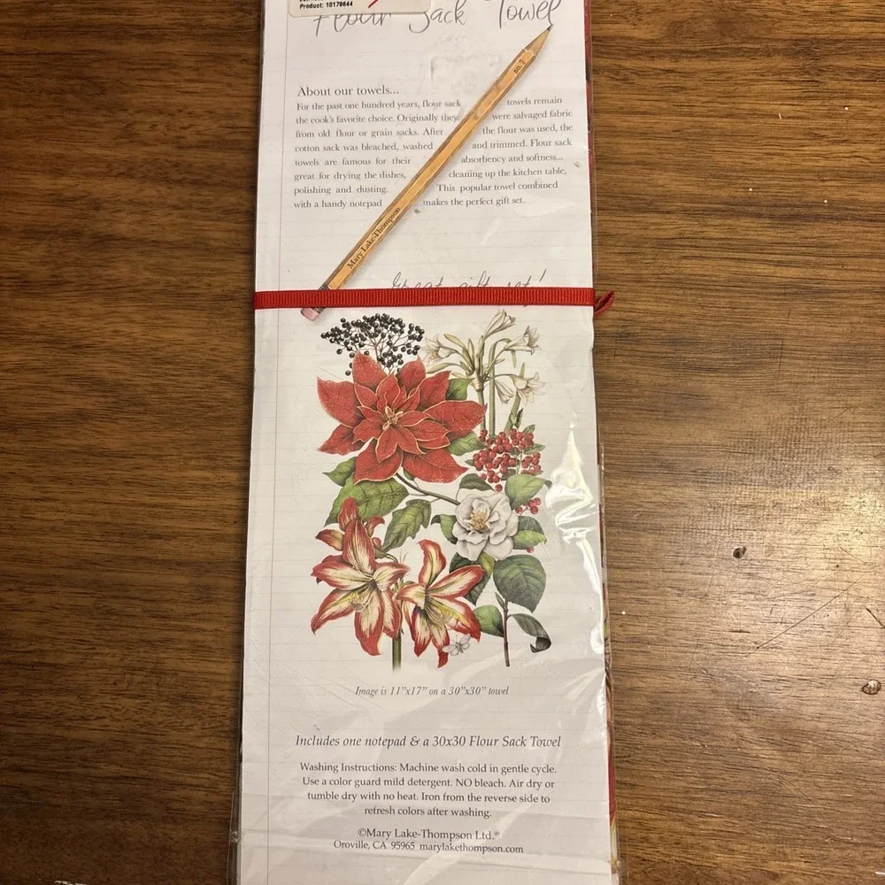 Mary Lake Thompson Holiday Flour Sack Towel & Note Pad Cardinal & Poinsettia NIP